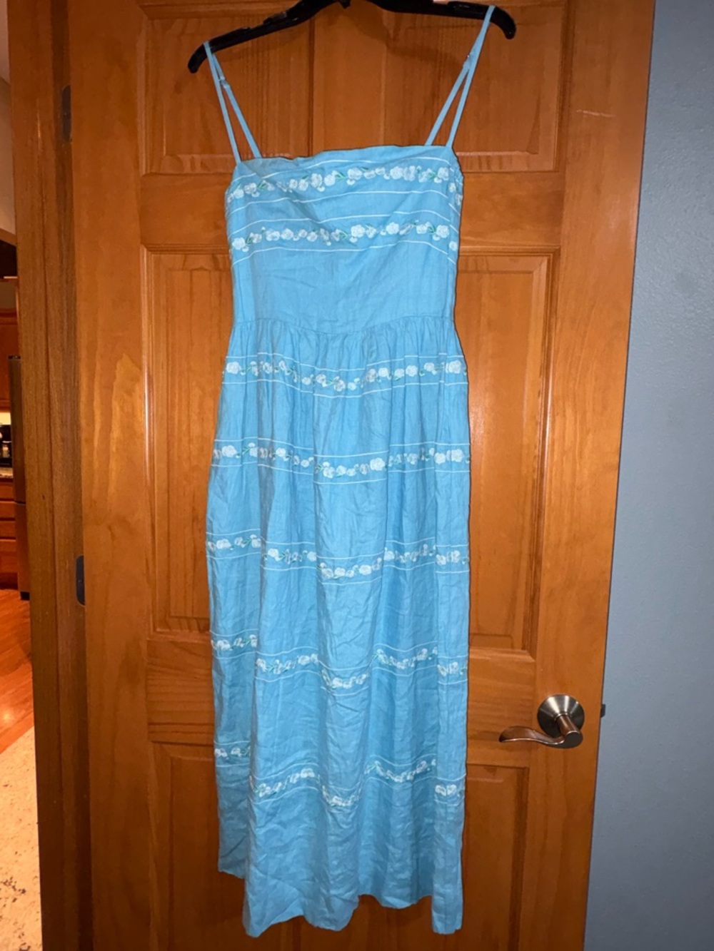 Fanm Mon Light Blue Linen Embroidered Spaghetti-Strap Maxi Dress Small NWT